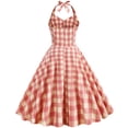 thumbnail image 3 of Njagoc3 Womens Long Sleeve Halter Gingham Dress, Fit & Flare, Summer Party & Retro Event Wear, Feminine Fit, 3 of 5