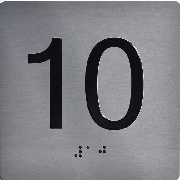 Apartment Number 10 Sign with Braille and Raised Number (Aluminum, 4x4, Double Sided Tape, Silver) (ref-2201)