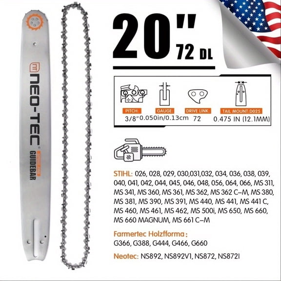 Chainsaw Guide Bar and Chain Combo, 20 inch 3/8" LP Pitch 050" Gauge 72 Drive Links Replacement Chainsaw Chains for Stihl MS311 MS391 MS361 MS362