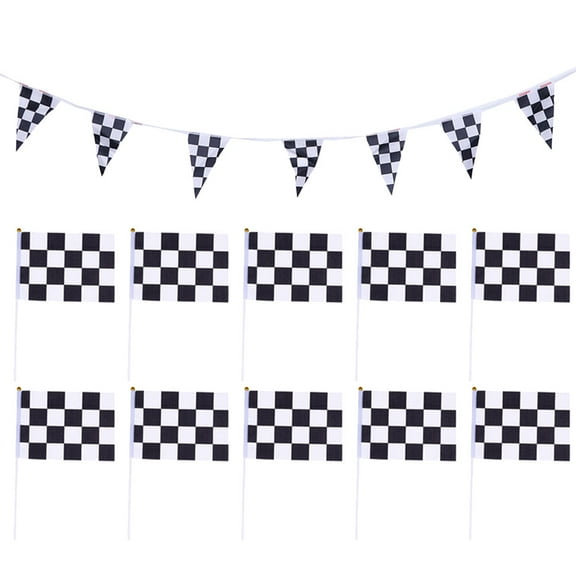 Masteelf 16pcs Black White Theme Waving Flag And Triangle Hanging Banner Pennant Race Flags for Party Car Racing Event (1pc Banner And 15pcs Flags)