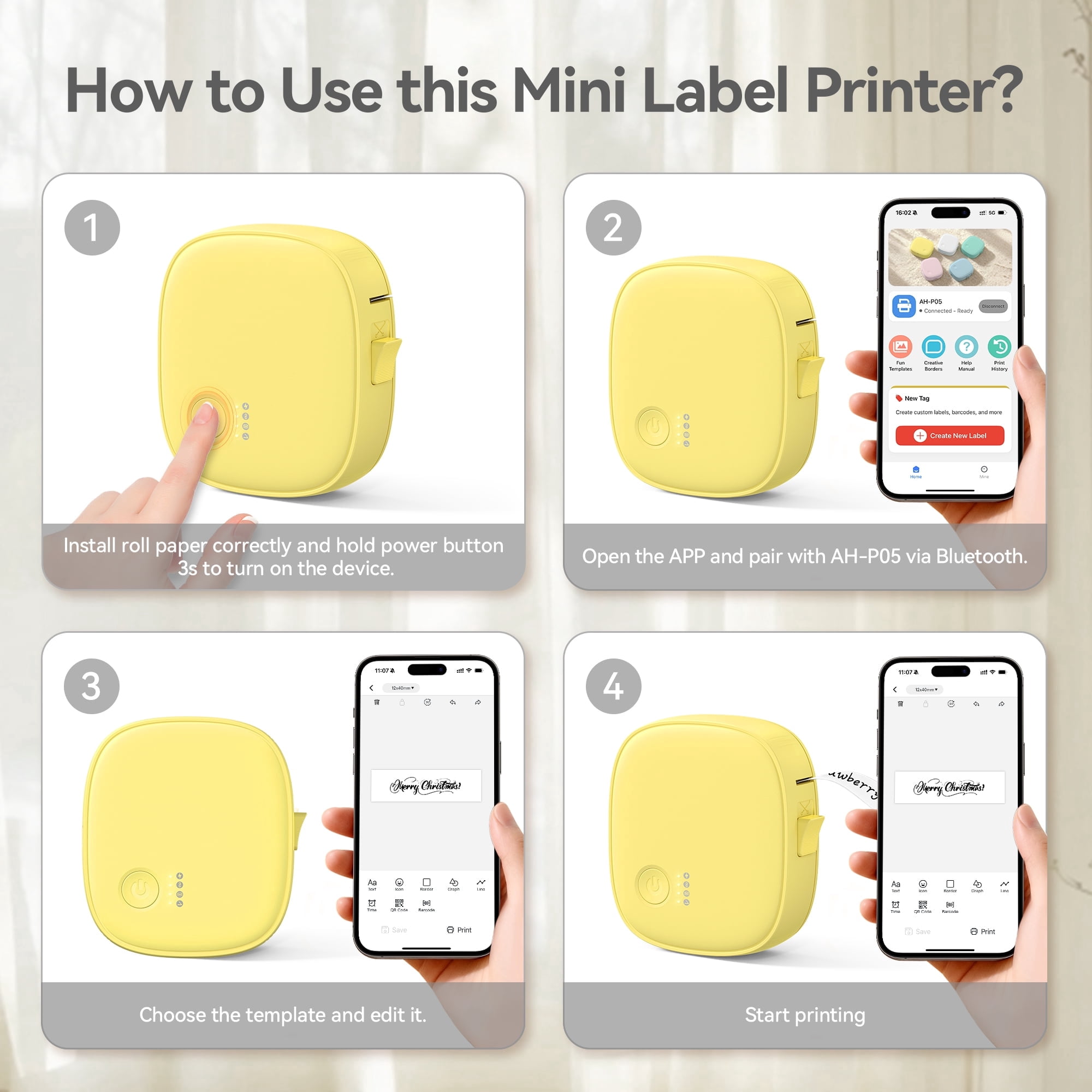 Blozor Mini Label Maker AH-P05 Portable Inkless Bluetooth Small Label Printer Wireless Thermal Label Maker with Tape for Home, Office, Kitchen, School , Storage (Yellow)