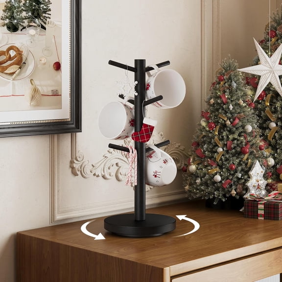 Coffee Mug Holder Tree, Upgraded 360° Rotated Cup Holder for Counter, Wood Mug Rack with 6 Hooks, Coffee Mug Organizer Station, Mug Stand Bar Accessories, Black