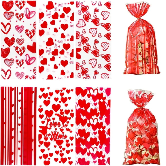 120 Pieces Valentines Cellophane Treat Bags,Bexikou Hearts Cellophane Candy Bags,Candy Goody Treat Gifts Bags for Valentine's Day Party Favor Supplies