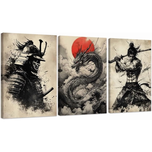 Hieng 3 Pieces Samurai Wall Art Canvas Prints Japanese Wall Decor Japan Culture Decor Bushido Poster Samurai Room Decorations Unframed