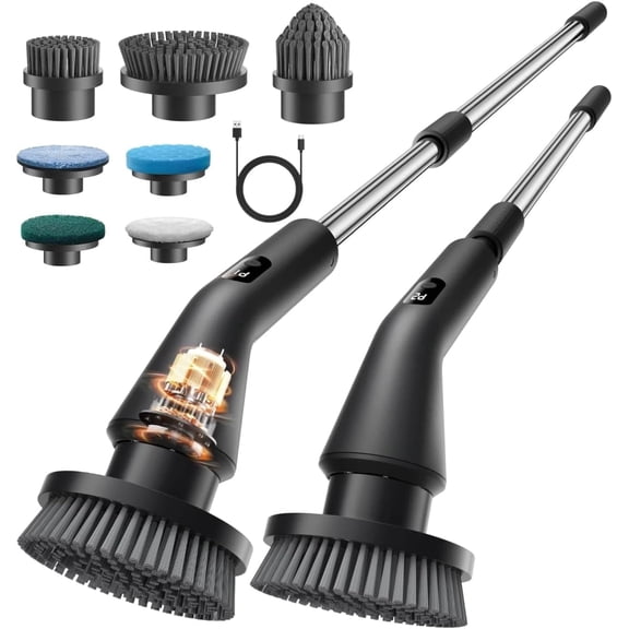 Electric Spin Scrubber, Cordless Bathroom Cleaning Brush with 7 Brush Heads, IPX7 Waterproof, 2 Speed Settings, Extendable Handle