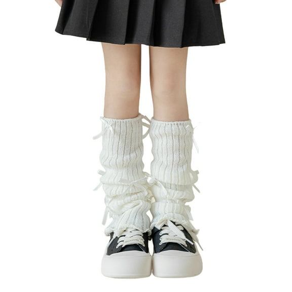 Cute Leg Warmers for Girls with Bowknot Pom-pom Y2k Fashion Knitted Warm Winter Short Slouchy Knee High Socks, White 3-15 Years, One Size