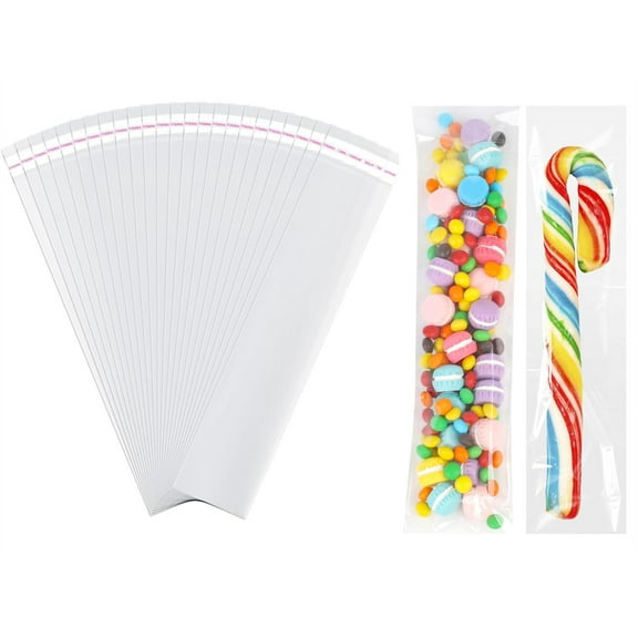 Artrylin 200-Pack 2x10in Thickened Pretzel Rod Bags , Adhesive Bags - Clear Plastic Packaging Sleeves for Candy/Cookies/Small Items, Self-Sealing Long Mylar Bags with Tear Notch