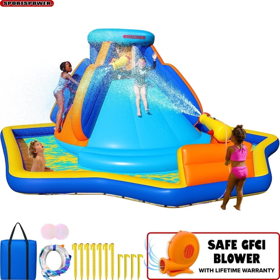 Sportspower Battle Ridge Inflatable Water Slide with Climbing Wall & Water Cannon, Kids Backyard Water Park with Blower, Outdoor Ages 3–8