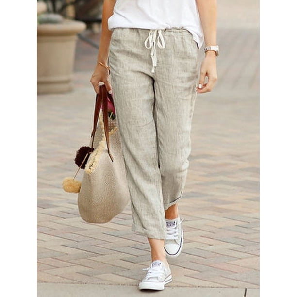 Pantalones de algodón y lino con cintura elástica y cordón, holgados, informales, de color sólido, estilo europeo y americano