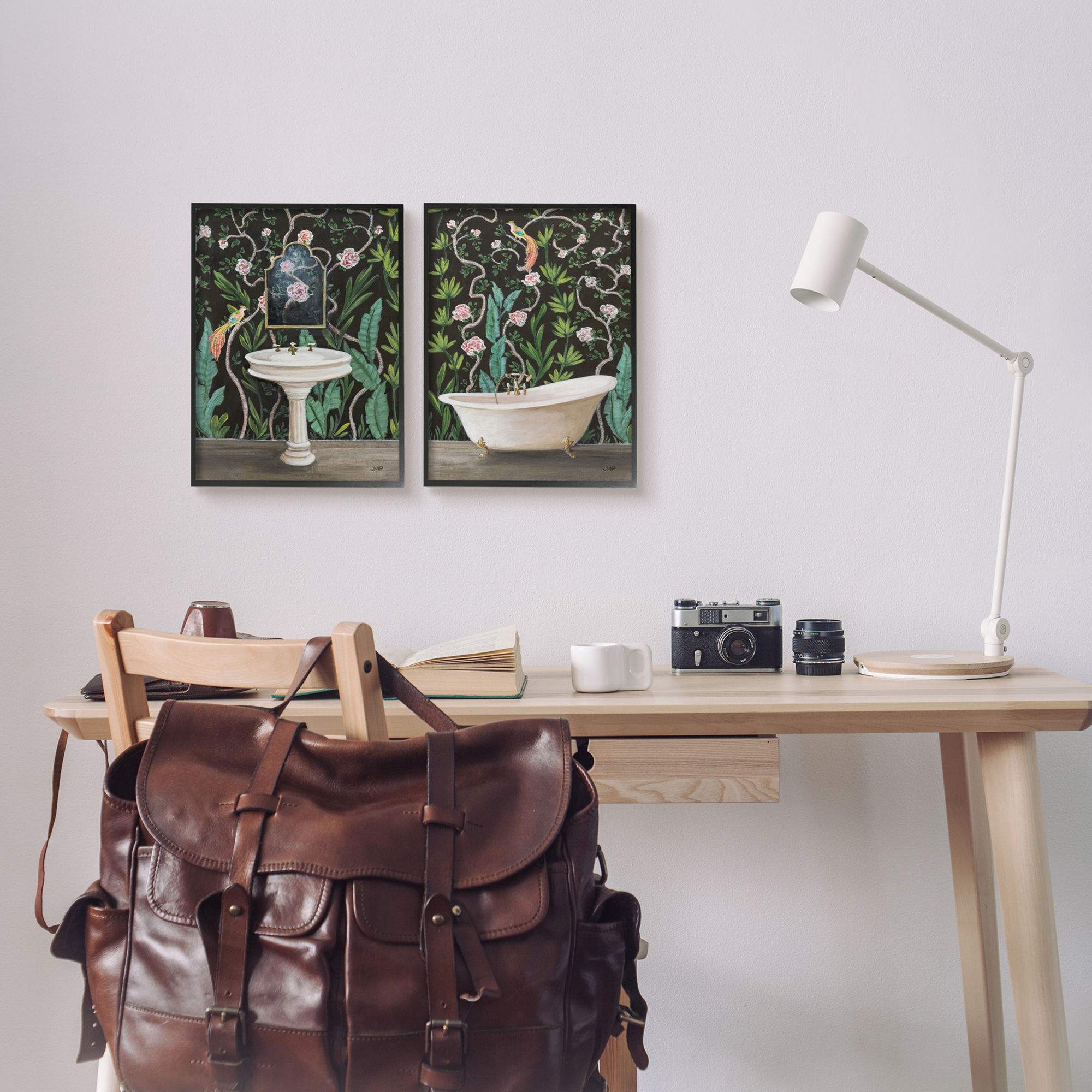 Stupell Industries Tropical Patterned Bathroom Botanical & Floral Painting Black Framed Art Print Wall Art, 11 x 14, Set of 2