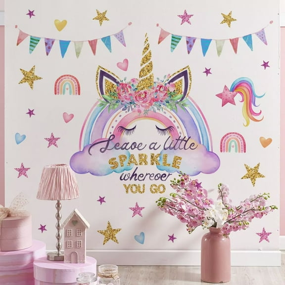 Unicorn Wall Decals Peel and Stick Watercolor Wall Stickers Heart Star Flower Unicorn Stickers Peel and Stick Wall Art Decals, DIY Removable Girls Kids Bedroom Nursery Decorations