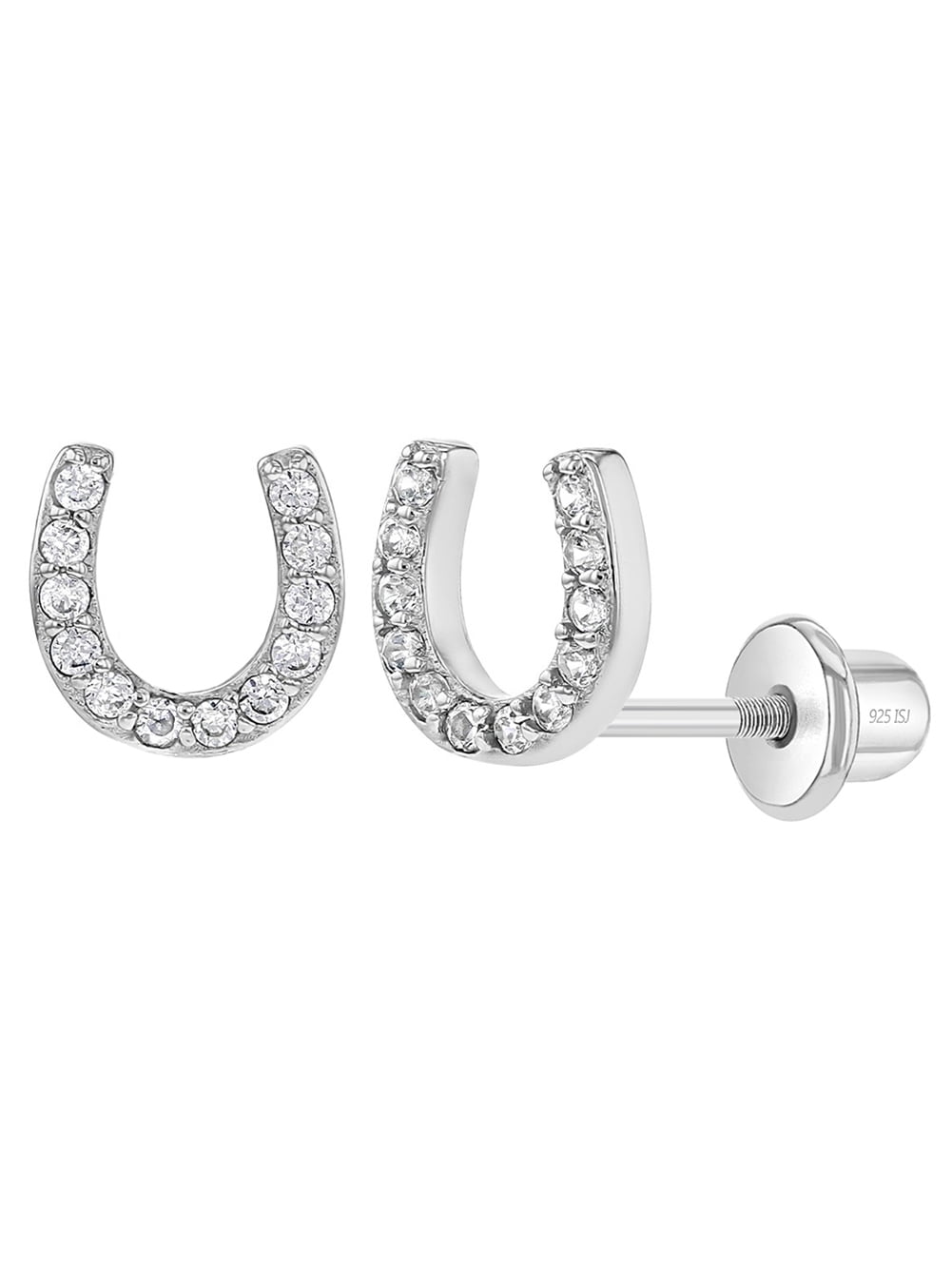 Jeweled Horseshoe Baby / Toddler / Kids Earrings Screw Back - Sterling Silver