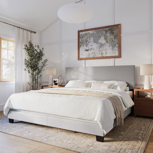 CorLiving Celeste Modern Upholstered Adult King Bed Frame with Headboard, Box Spring Required, Light Grey