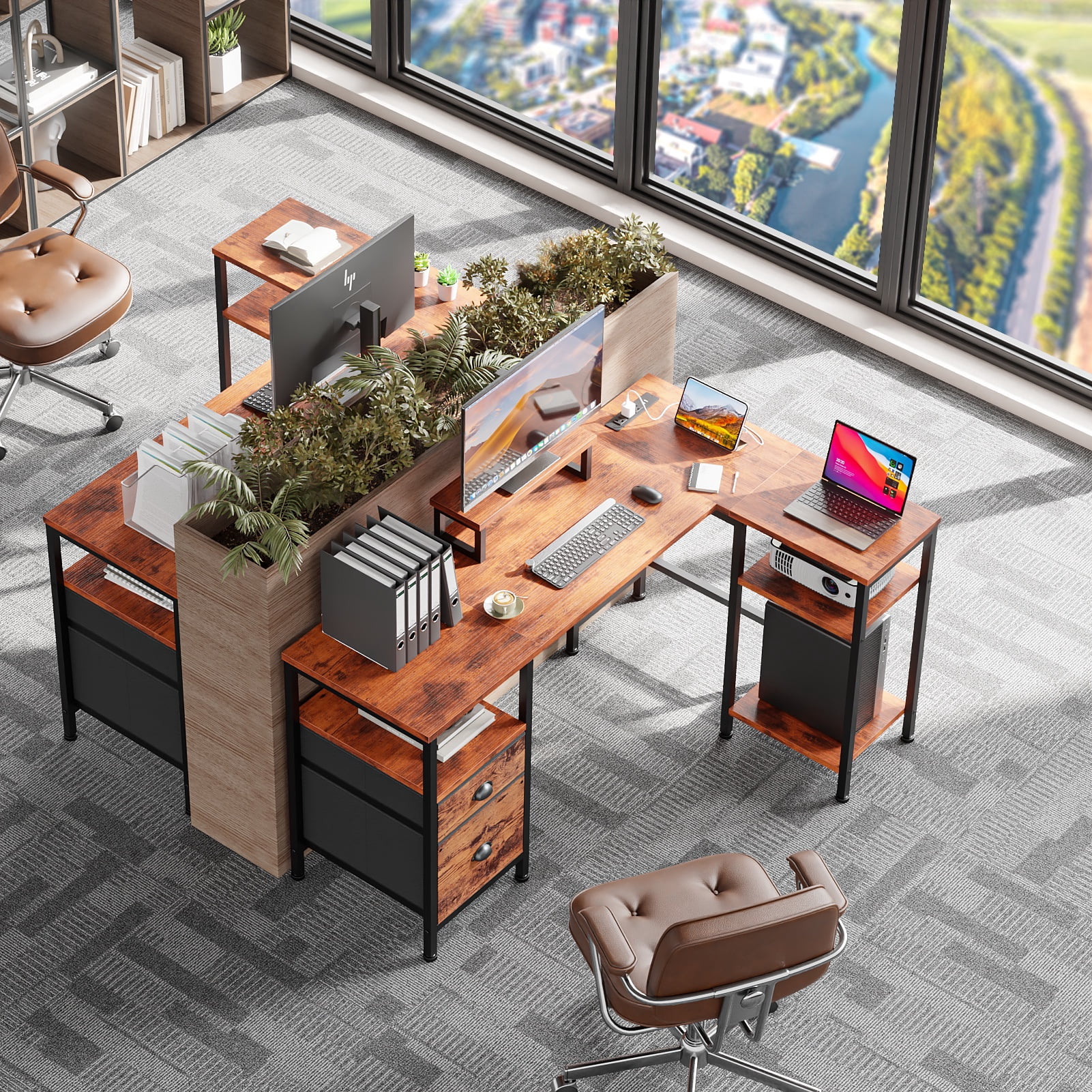 Satifur L Shaped Desk with Power Outlets, 50" Computer Desk with File Drawer, Home Office Desk with Printer Stand & Storage Shelves, Corner Desk, Rustic Brown