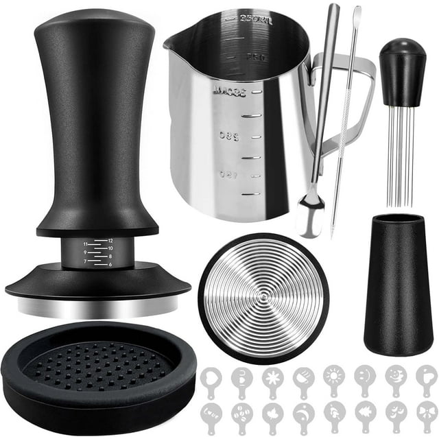 Juego de 22 piezas de tamper de café, accesorios de expreso, kit barista, con tamper espresso de 51 mm, herramienta WDT, jarra de espumación (350 ml), bolígrafo Latte art, agitr de café, tapete de