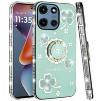 For Motorola Moto G Power 5G 2025 Case, Diamonds Bling All Around Edges Sparkly Glitter Hybrid with Ring Stand Holder Fashion Good Luck Phone Cover (Teal)