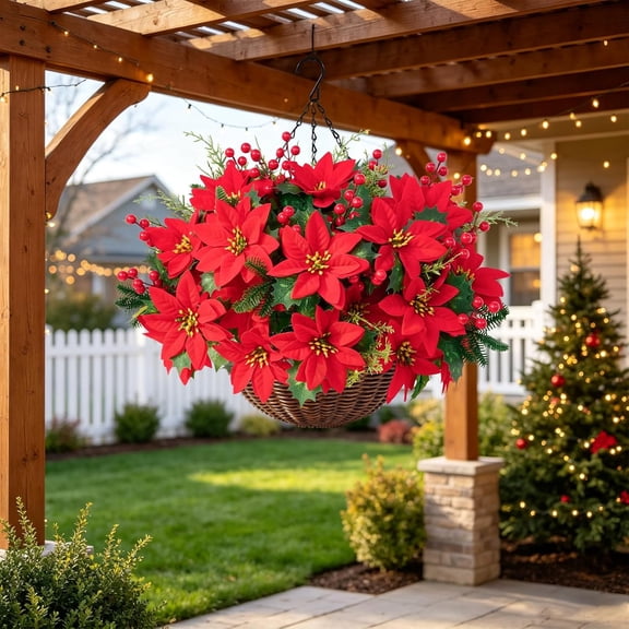 Lyacmy Red Artificial Poinsettias for Outdoors Christmas Flower Decorations, UV Resistant Fake Hanging Poinsettias with Basket Christmas Porch Decor