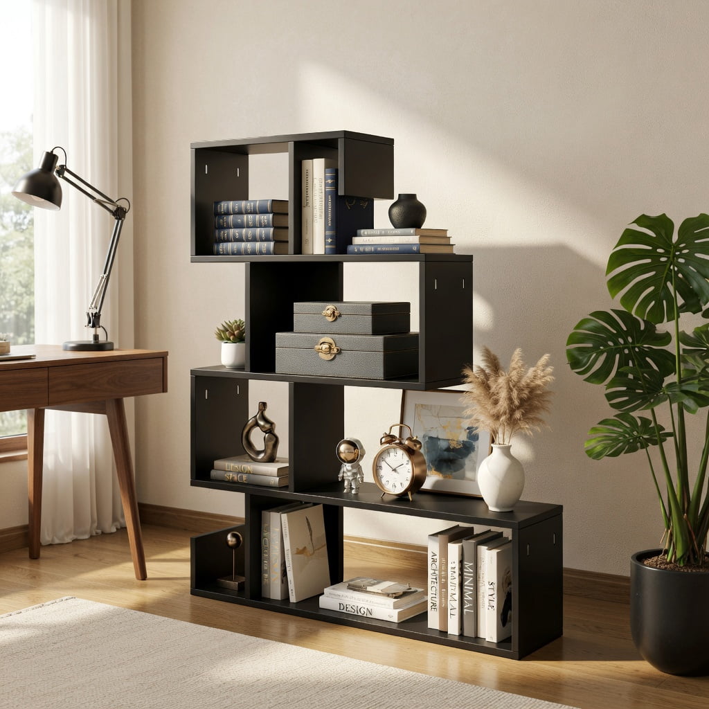 Spaco 5-Tier S-Shaped Bookshelf Geometric Z-Shelf Bookcase with Open Cubes-Black, Tall Bookshelf, Shelves for Living Room, Home Office, Bedroom, Balcony