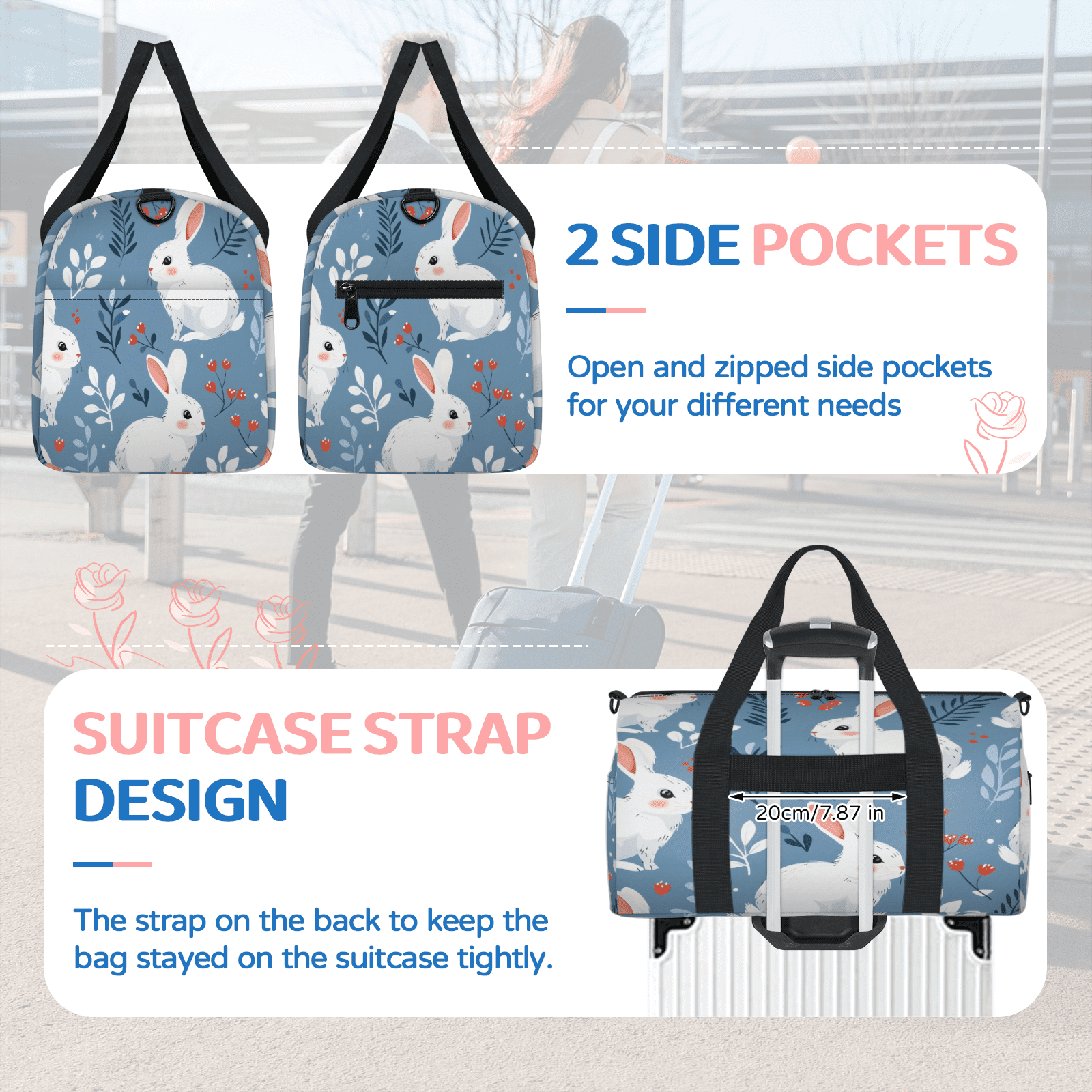 Herdesigns Cute Bunny Travel Duffle Bag Sports Yoga Weekender Overnight Carry on Workout Bags Lightweight Waterproof Gym Tote Bag for Women Rabbit