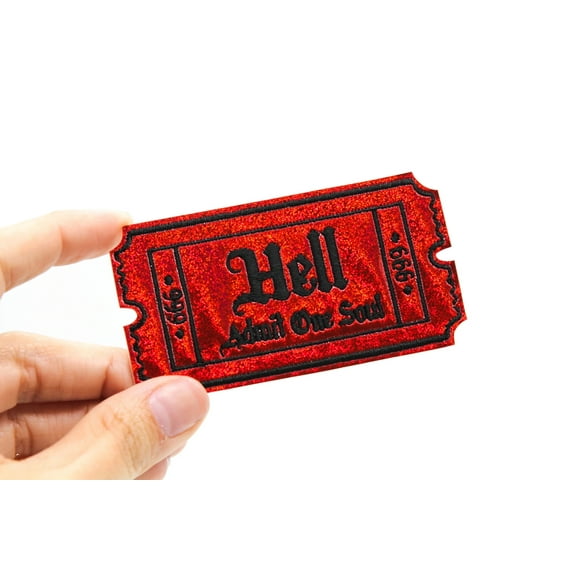 Red Glitter Holo Hell Admit One Soul 666 Gothic Iron On Embroidered Patch