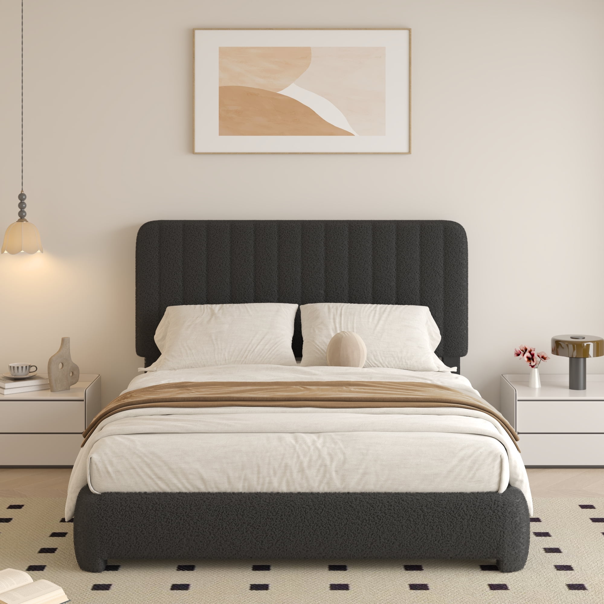 VIPLOV Queen Size Boucle Bed Frame, Upholstered Cloud Platform Bed Frame with Adjustable Headboard, No Box Spring Needed, Noise Free Design, Easy Assembly, Black