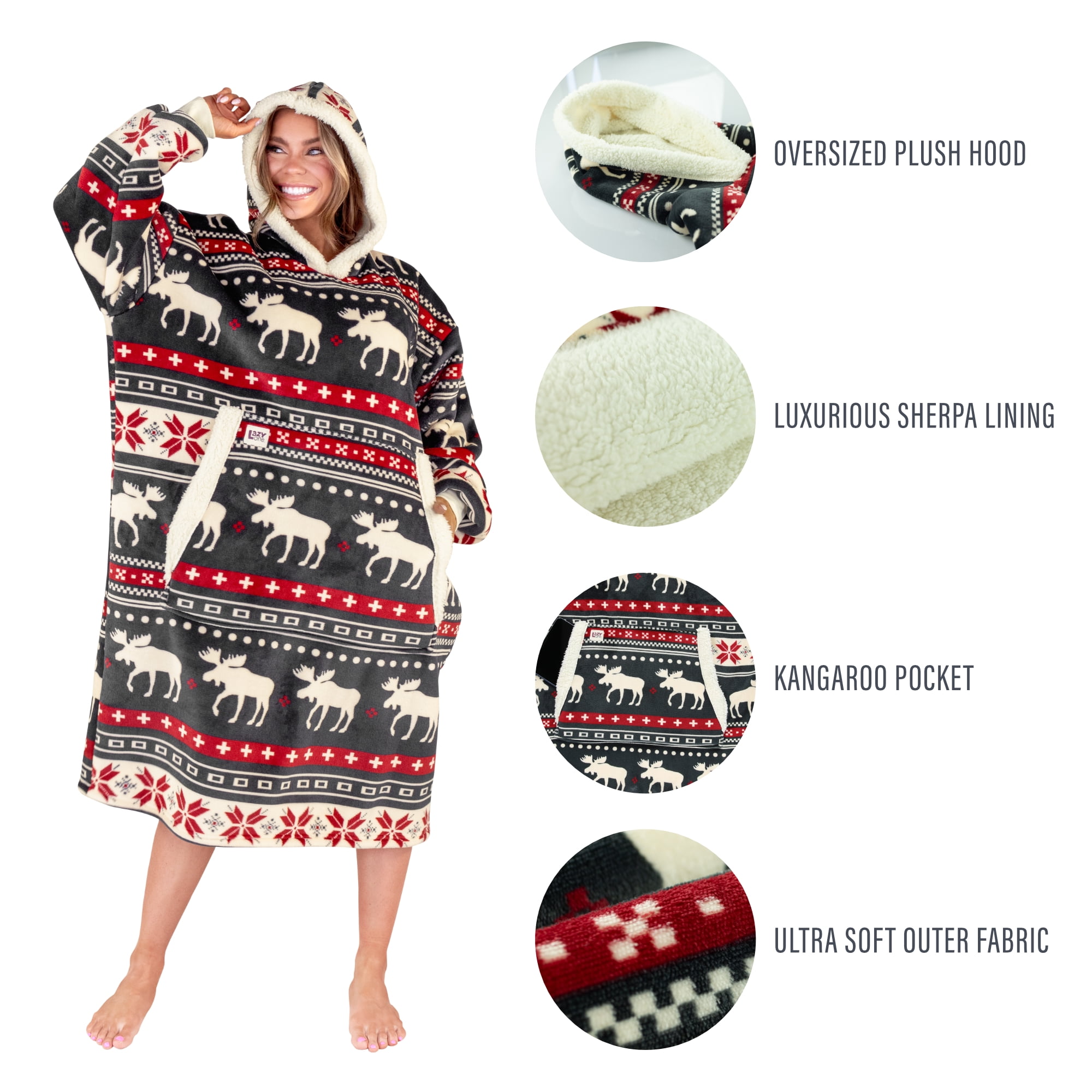 Lazy One Oversized Blanket Hoodie, Comfortable Sleepwear, Oversized Hoodies for Women and Men, One Size Fits All Wearable Blankets (Cabin Fair Isle)