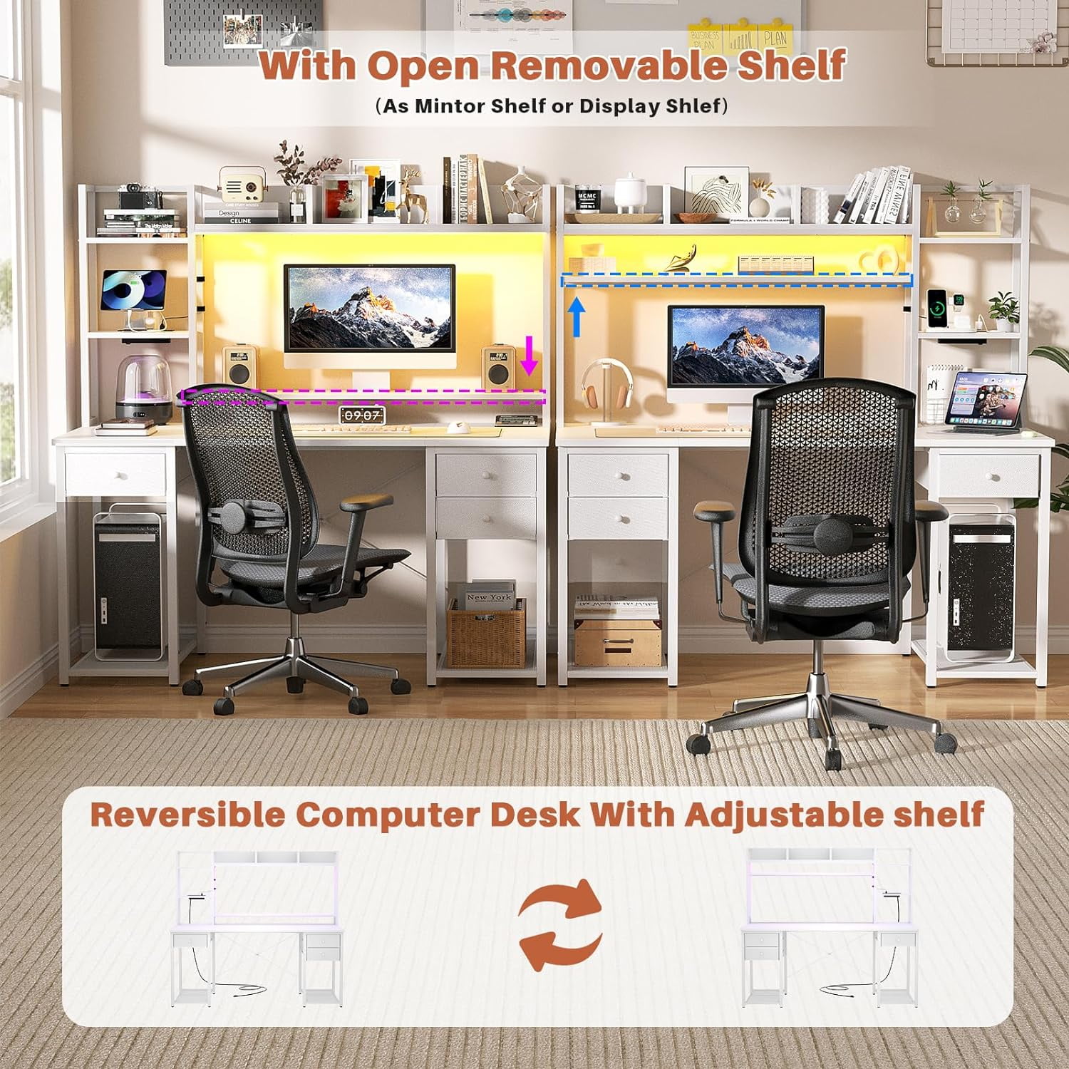 iSunirm Desk with LED Light and Power Outlet, 47.2'' Gaming Desk with Hutch, Reversible Computer Desk with Drawers, and Storage Bookshelf, Large Workstation Desk, for Home & Office, White