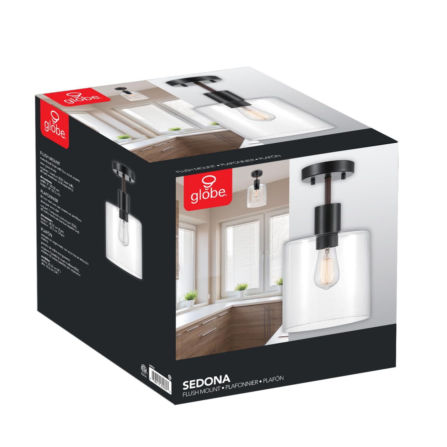 Globe Electric Sedona 1-Light Metal Flush Mount Ceiling Light, Matte Black, Faux Wood Accent, Clear Glass Shade, 60982