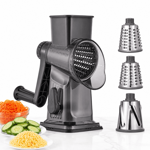 Efoee Handheld Rotary Cheese Grater,Manual Vegetable Slicer Shredder 3-in-1 with 3 Stainless Steel Drum Blades Non-Slip Base, Gray