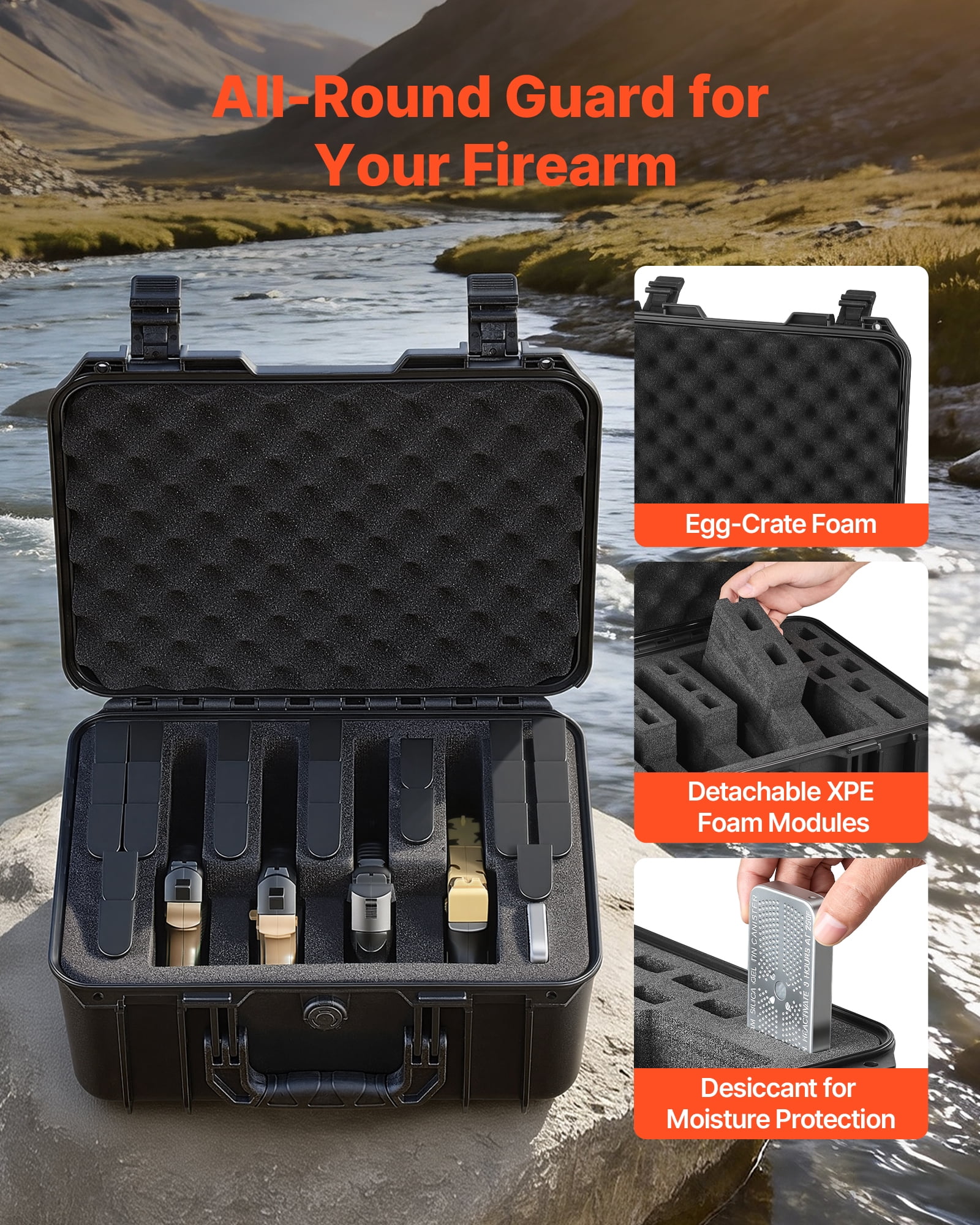 VEVOR Hard Pistol Case, Heavy Duty Hard Gun Case with XPE Foam Lining, Waterproof Pistol Storage Box with Customizable Interior & Handle for Gun, Lenses, Camera, Gear, TSA Compliant, 15.9x12.5x7.5 in