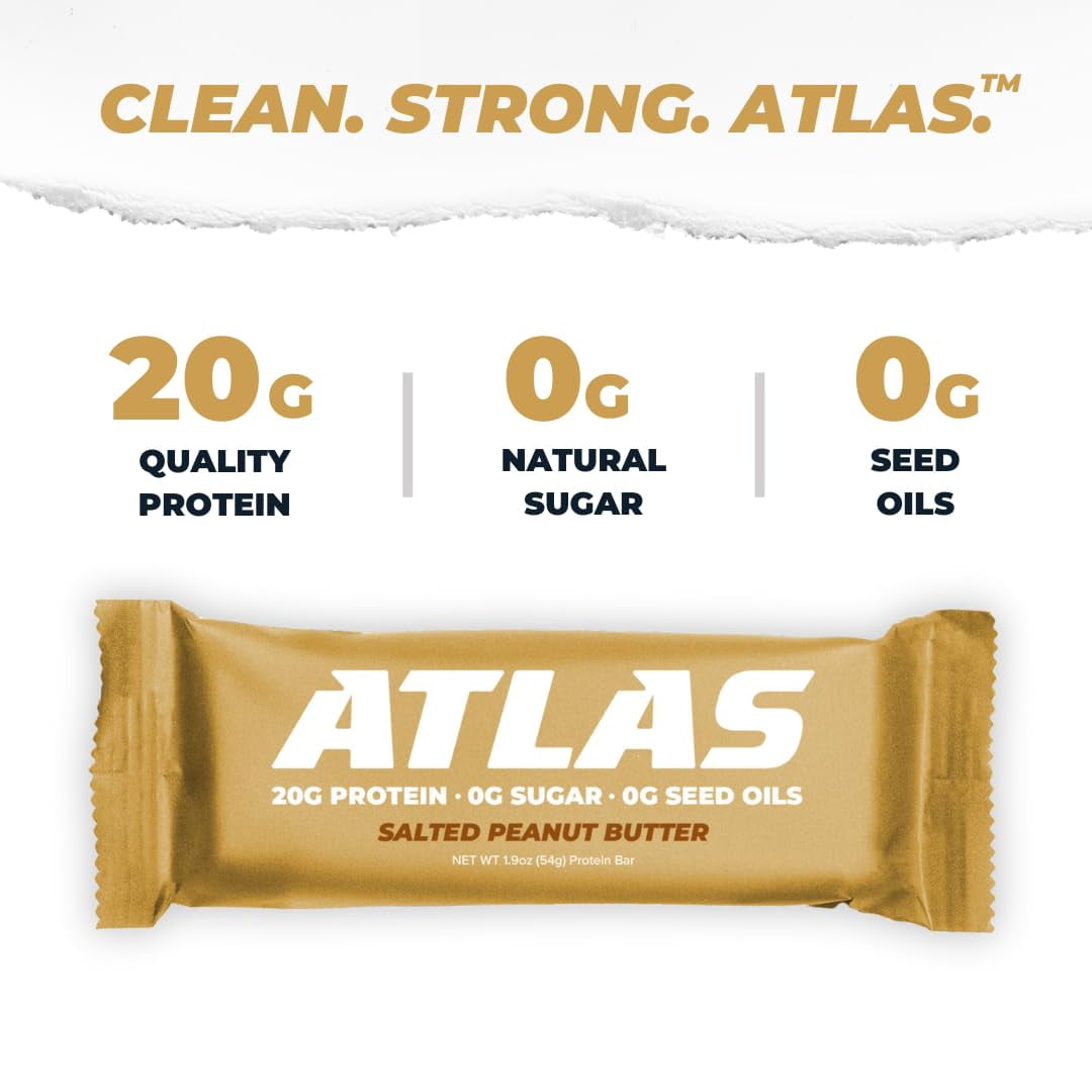 Atlas Protein Bar, Salted Peanut Butter, 20g Protein, 1g Sugar, 0g Seed Oils, 0g Artificial Sweeteners, 12-Pack