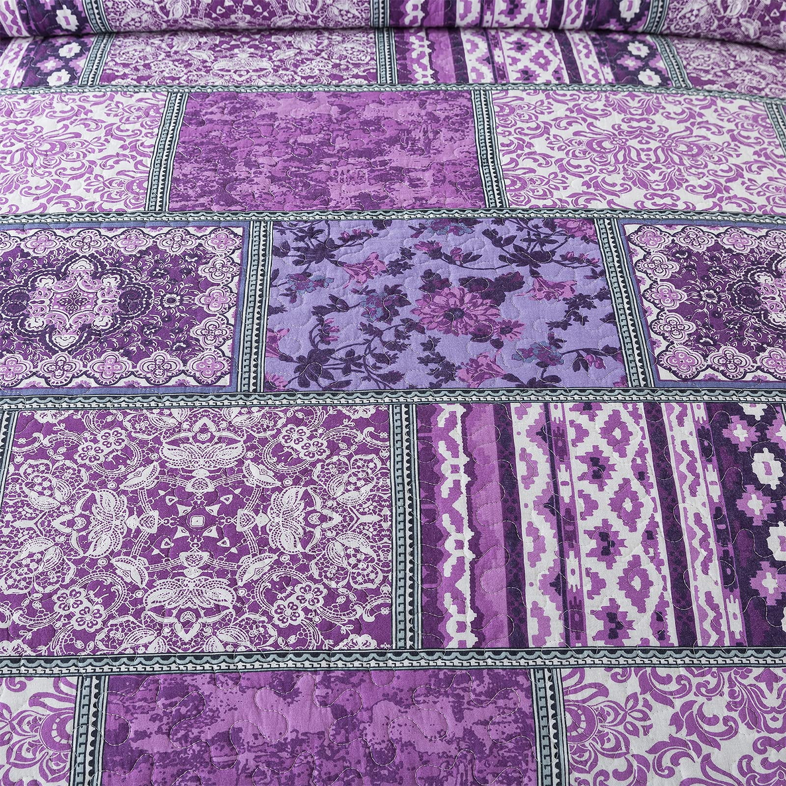 WannaToo King Size Quilt Comforter Cotton Bedding Set With Shams, Vintage Purple
