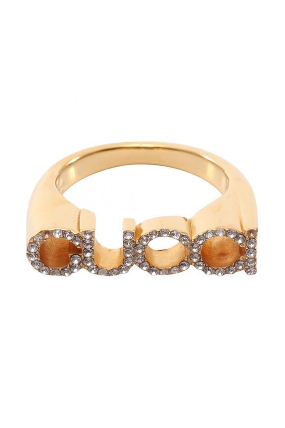 Pre-Owned Gucci logo rhinestone ring, gold-plated jewelry for women.