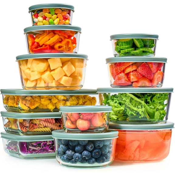 MY 24pc Set Glass Food Storage Containers & Bowls with Airtight Lids - Leakproof BPA-Free Meal Prep Airtight Stackable Lunch Boxes, Kitchen Pantry & Storage Organizers - Microwave Freezer
