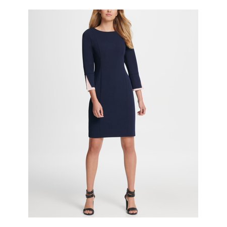 DKNY Womens Navy Cut Out Sleeve Detail 3/4 Sleeve Crew Neck Above The Knee Wear To Work Sheath Dress 12