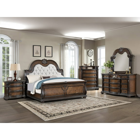 Traditional 6pc Queen Tufted Bed Set Coffee Brown Formal Bedroom Furniture