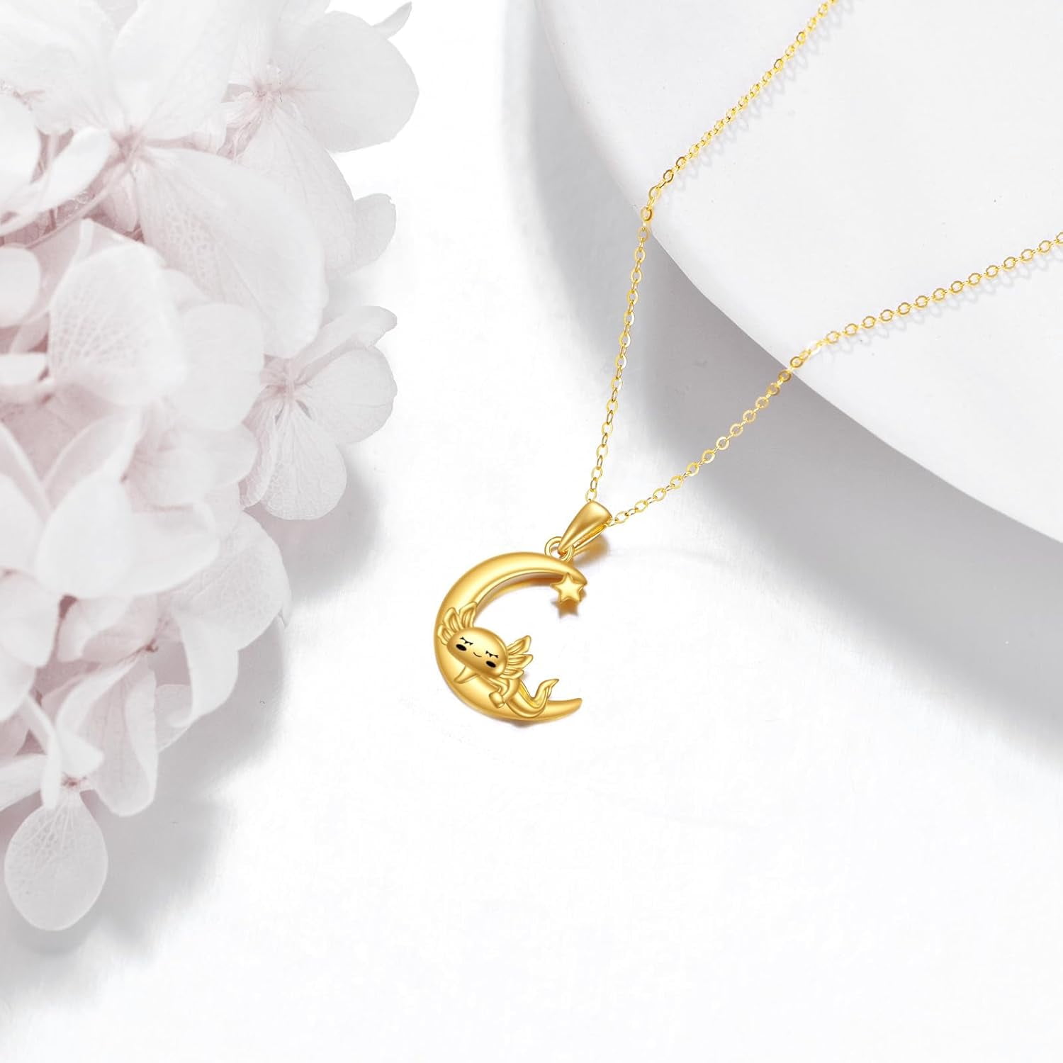 XATENJE14K Solid Gold Axolotls Necklace Moon Axolotl Pendant Necklace Axolotl Jewelry Gifts for Women
