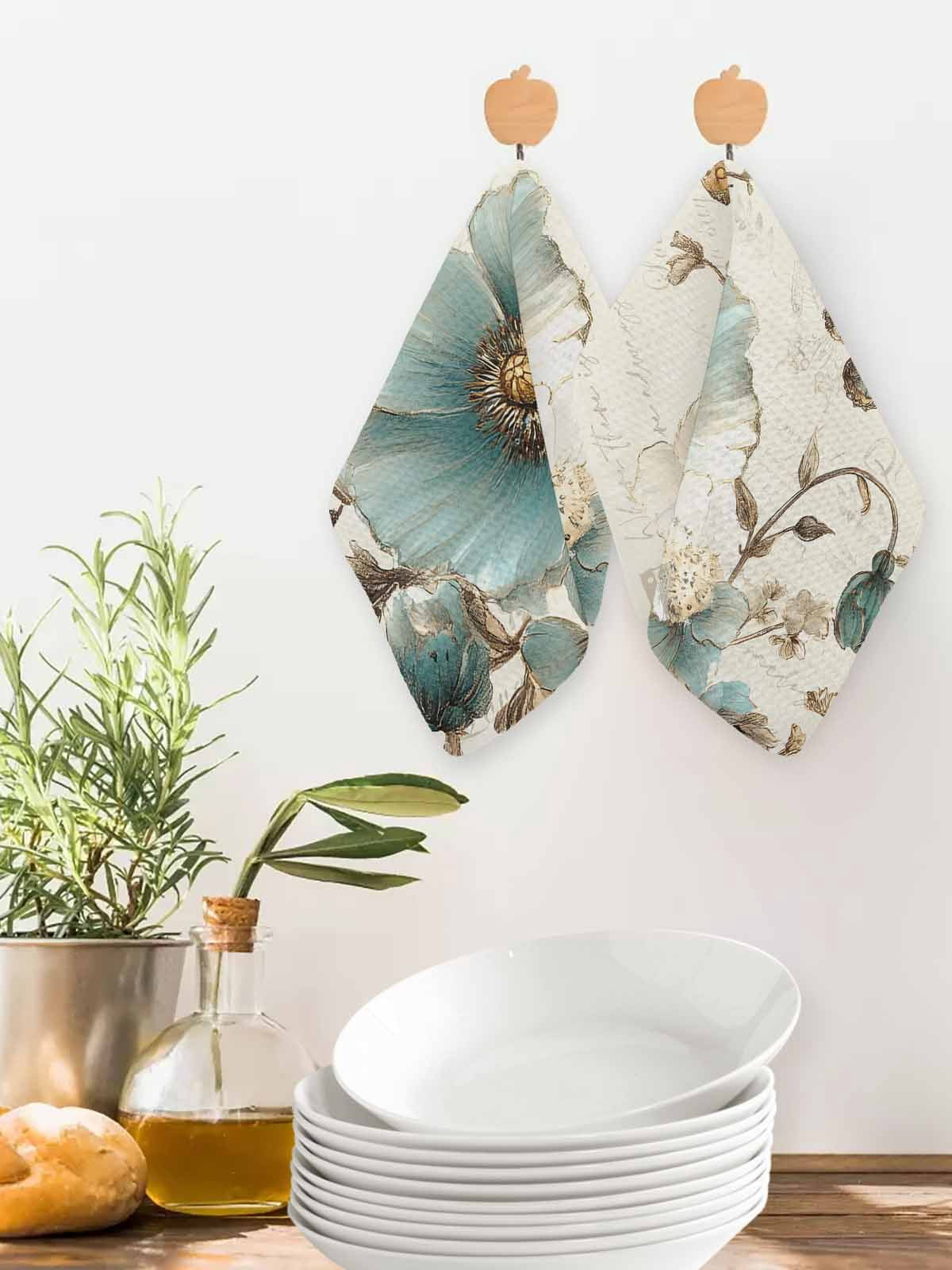 Vintage Flowers Dish Towels Set, Waffle Weave Kitchen Towels 3 Pieces, Spring Floral Teal Tulip Butterfly Microfiber Hair Face Bath Tea Towel Absorbent Quick Drying Cleaning Dish Cloths 12"x12"