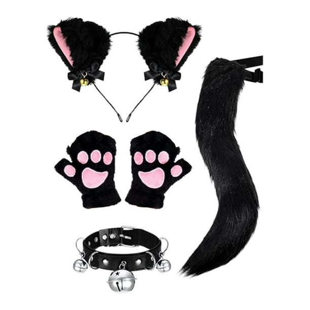 Conjunto de guantes, collar y orejas de zorro para disfraz de animal divertido para cosplay. Negro