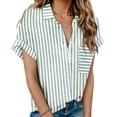thumbnail image 1 of Camisa HOTOUCH a rayas de lino hawaiano para mujer, cuello en V, manga corta, 1 of 4