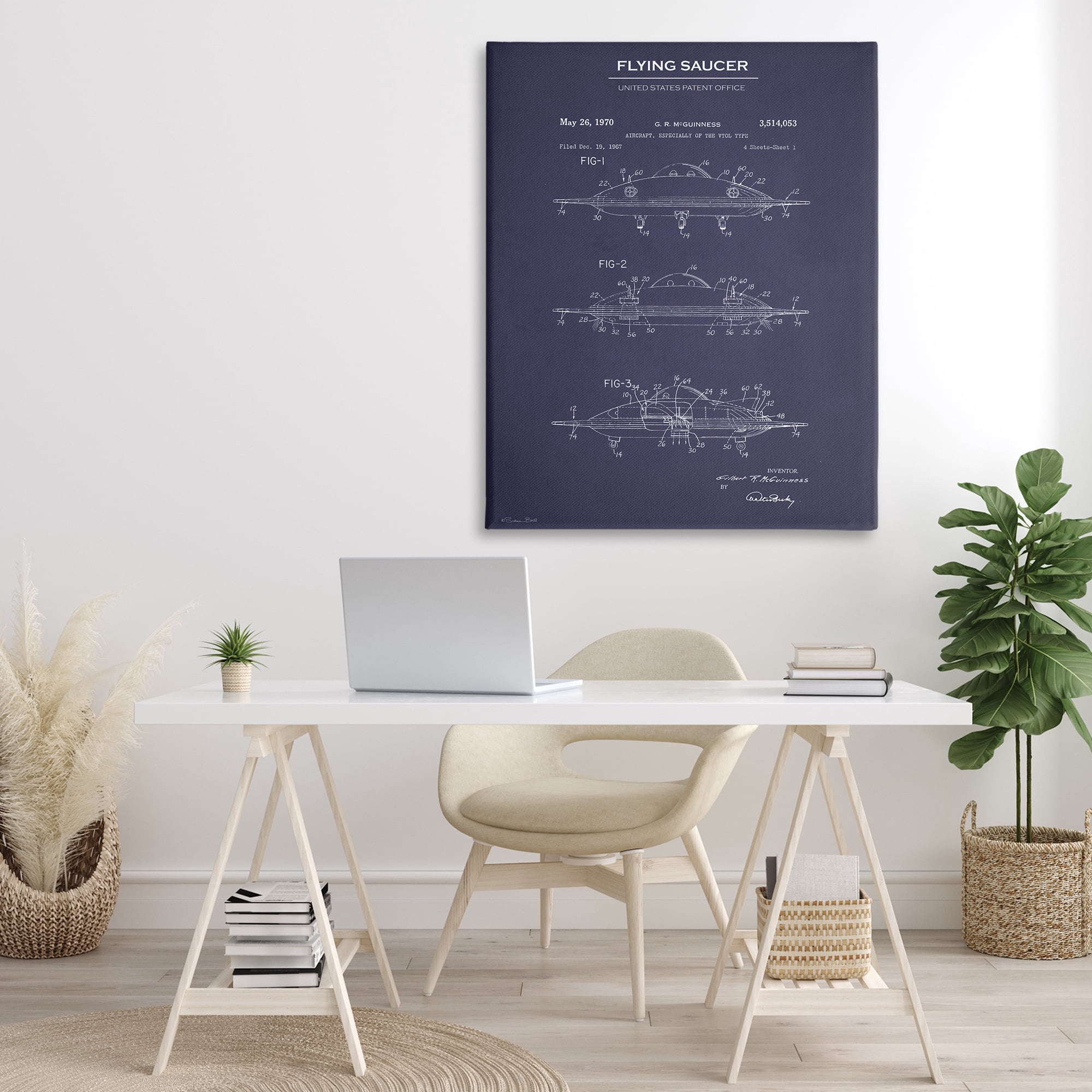 Stupell Industries Flying Saucer Blueprint Transportation Painting Gallery Wrapped Canvas Art Print Wall Art, 36 x 48