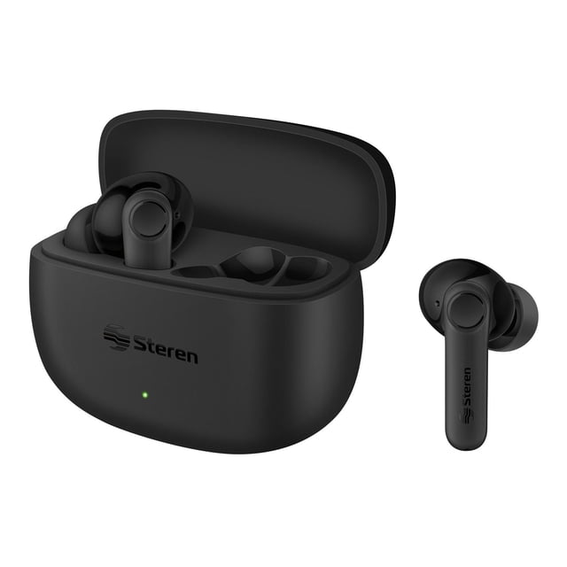 steren audífonos bluetooth* aeon 200 freepods tws con enc por ia y control por app color negro aud-a — Estuche de carga abierto con dos audífonos in-ear negros dentro y uno separado a la derecha; varilla corta con botón touch, puntas de silicón, logo Steren visible en auriculares y estuche, indicador LED frontal y acabado mate negro en vista frontal 3/4; también suelen usarse como audífonos de viaje por su estuche recargable.