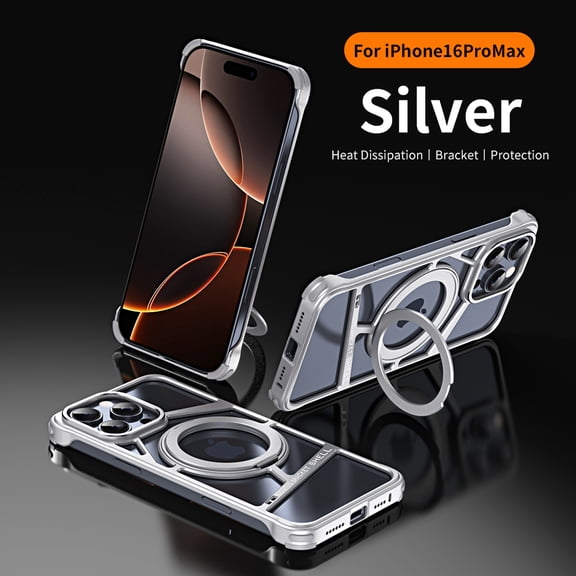 ShellTech for iPhone 16 Pro Max Metal Frameless Hollow Case, with Invisible Magnetic O-Ring Stand Case, Bezel Less Minimalist, Protective Shockproof, Upgraded Metal Slim Cover,Silver