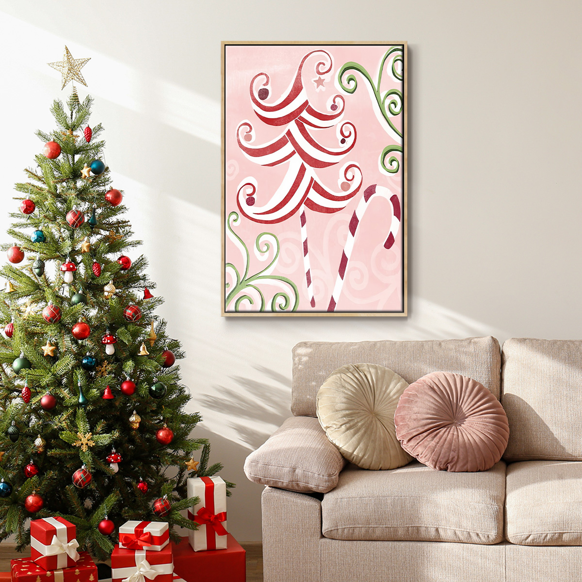 Candy Cane Holiday I - Framed Gallery Wrapped Holiday Canvas - 27 x 41 - Natural Wood Frame