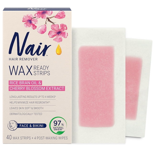 Nair Wax Ready Strips for Legs & Body with Skin Softening Cherry Oil, for Sensitive Skin, 40 Strips + 4 Finishing Wipes, Packaging May Vary