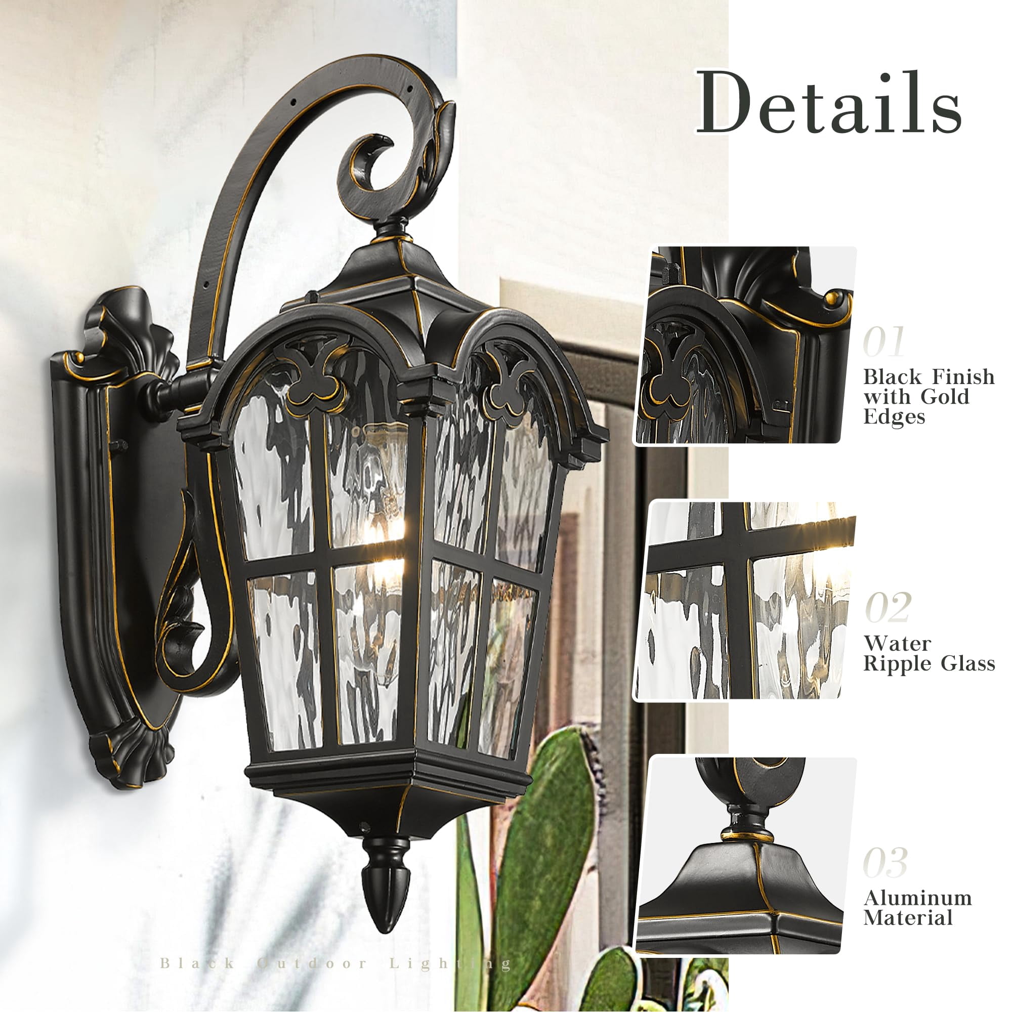 Emliviar Outdoor Light Wall Lantern with Water Ripple Glass, 17.5" Black Finish with Gold Edges, WE215B-SW BG