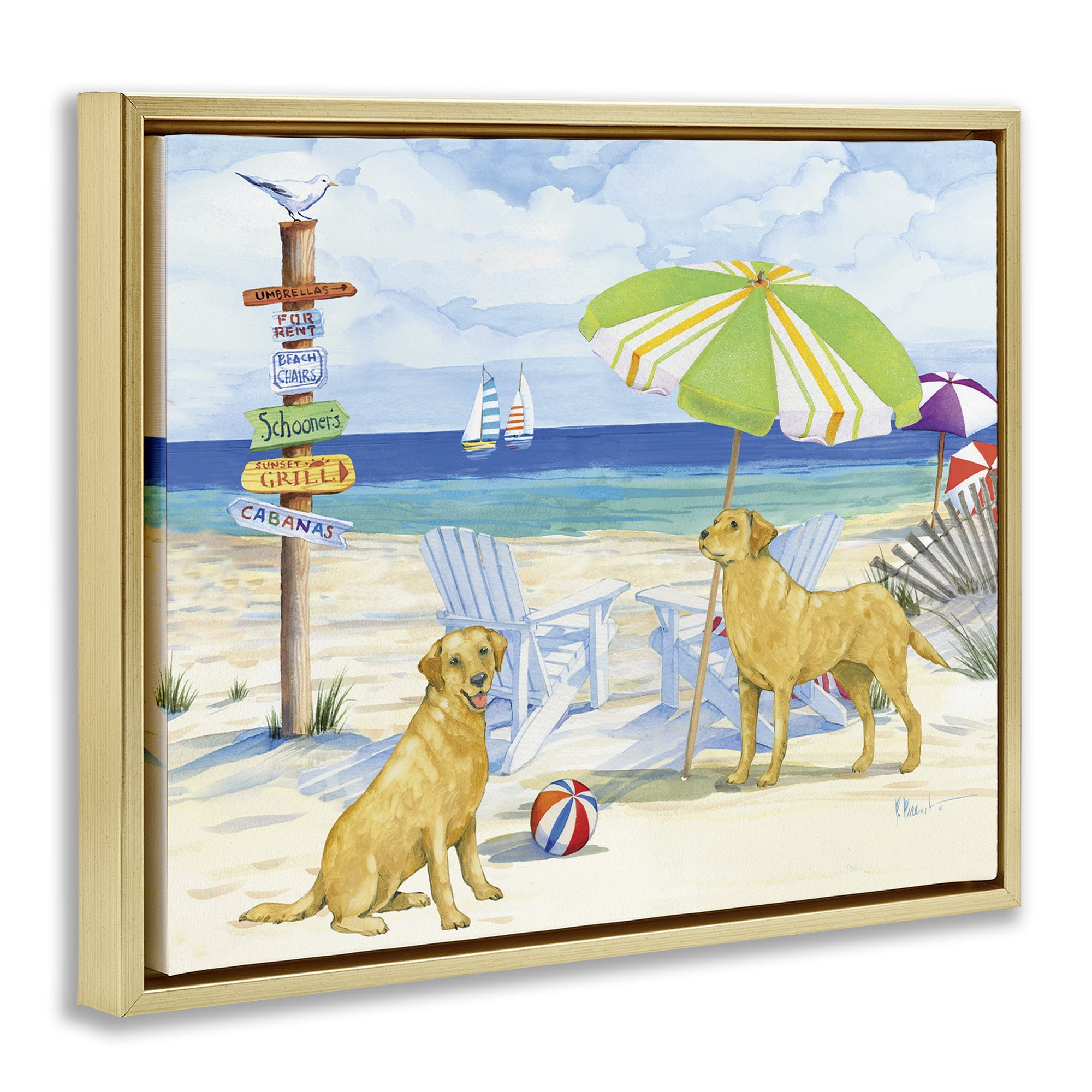 Stupell Industries Retriever Dogs at Beach Animals & Insects Painting Gold Floater Framed Canvas Art Print Wall Art, 31 x 25