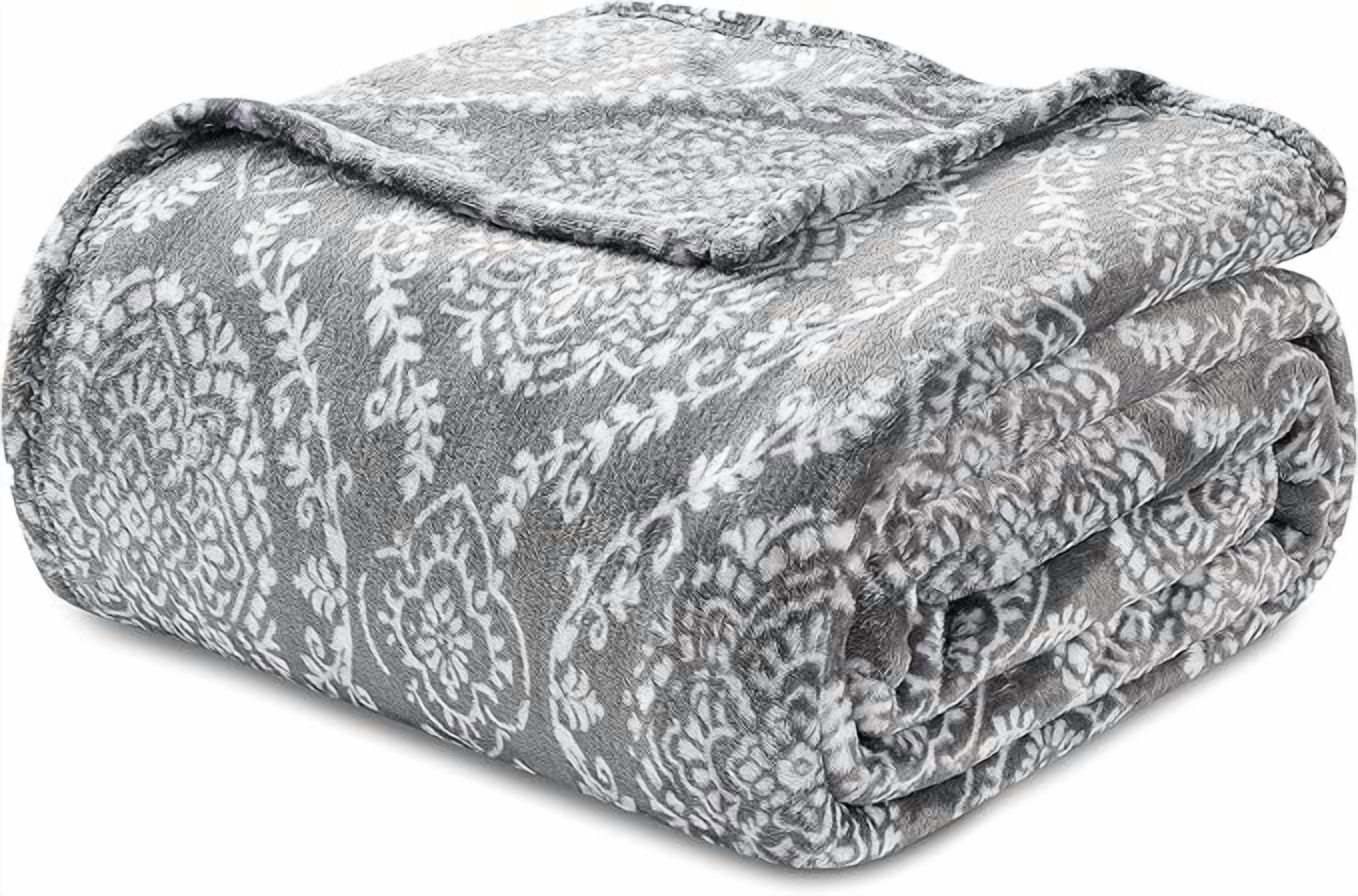 Elegant Comfort Soft Print Flannel Fleece Bed Blanket, Cozy-Fuzzy Lightweight Bedspread Coverlet, All season Decorative Blanket for Couch, Sofa, Ogee Design, King Size, Gracey