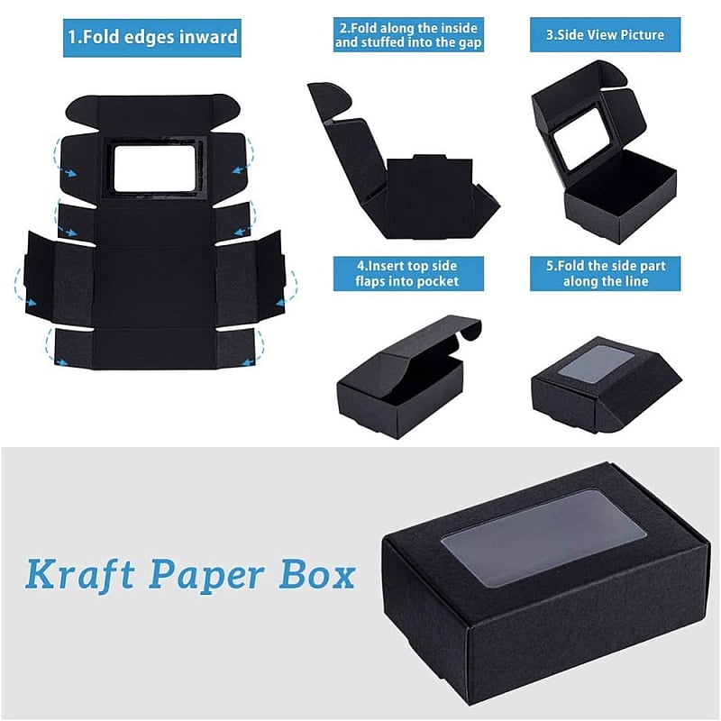 100Pcs Craft Paper Boxes with Windows Rectangle Black 6.2x8.7x3cm for DIY
