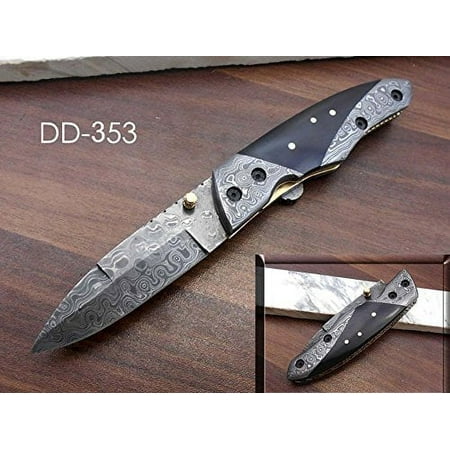 8 long Folding Knife with pocket clip Hand forged Damascus steel 3.5 blade. Bull horn scale with Damascus Bolster Cow hide Leather sheath included with belt loop (Blue Wood)